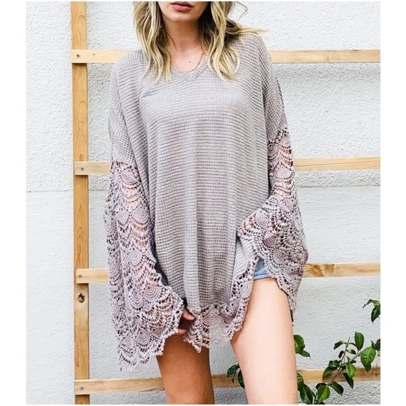 034 Boho Lace Bell Sleeve Waffle Knit Tunic Top - Picture 2 of 13
